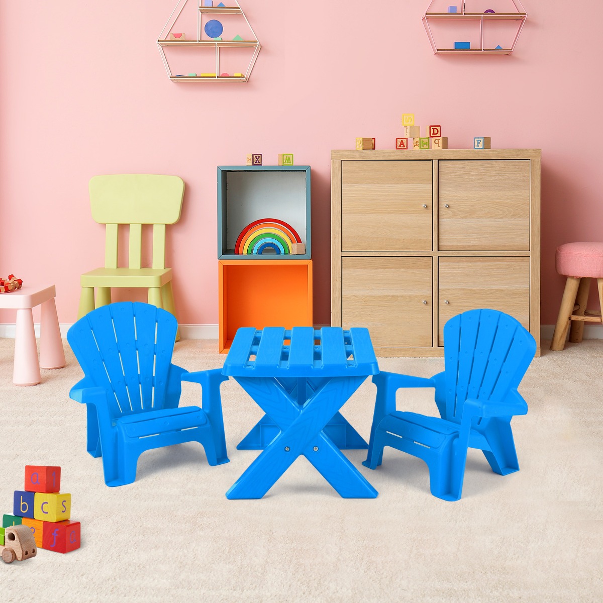 3 TLG. Kindersitzgruppe aus Kunststoff Kindertisch mit 2 Adirondack-Stühlen Blau