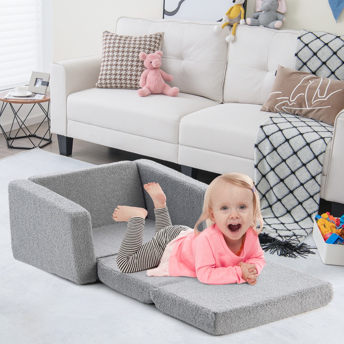 2 in 1 Klappbares Kindersofa mit Samtstoff Gepolsterter Kindersessel 60 x 43 x 40 cm Grau