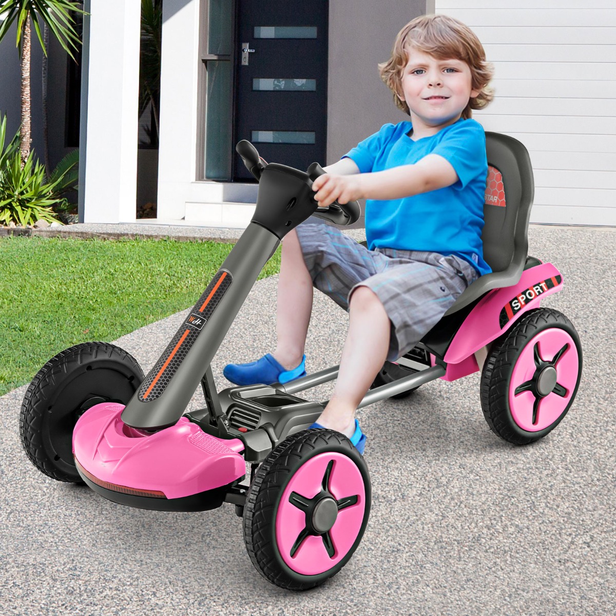 12V Kinder Elektro Gokart mit LED & 2-fach Verstellbarem Lenkrad & SitzLichter Rosa