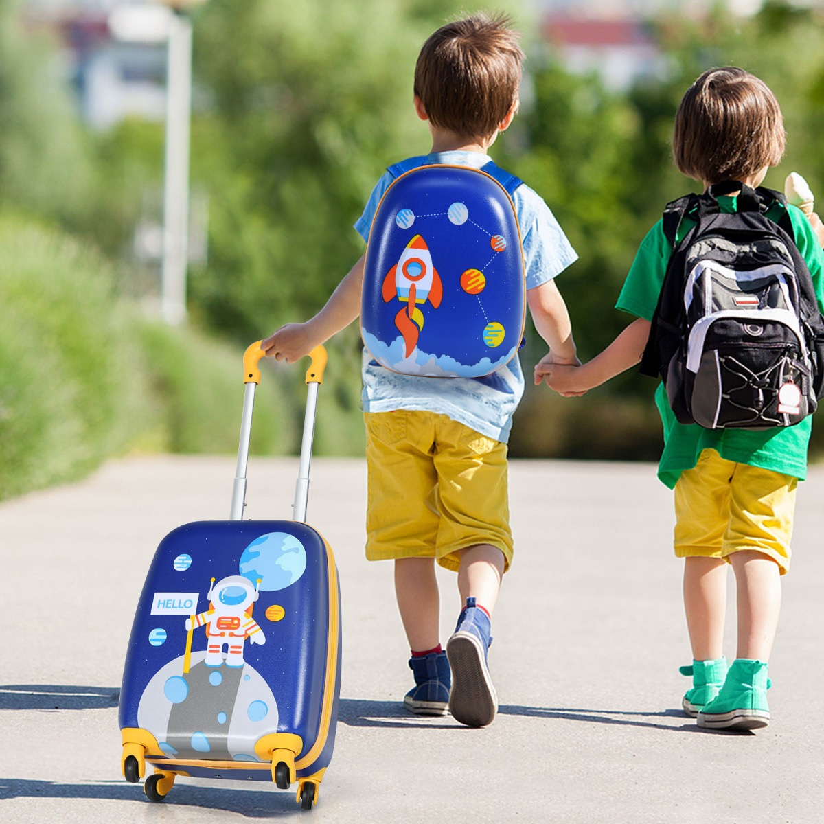 2-teiliges Kinderkoffer-Set mit Astronautenmuster Rucksack & Koffer 27 x 20 x 43 cm Dunkelblau