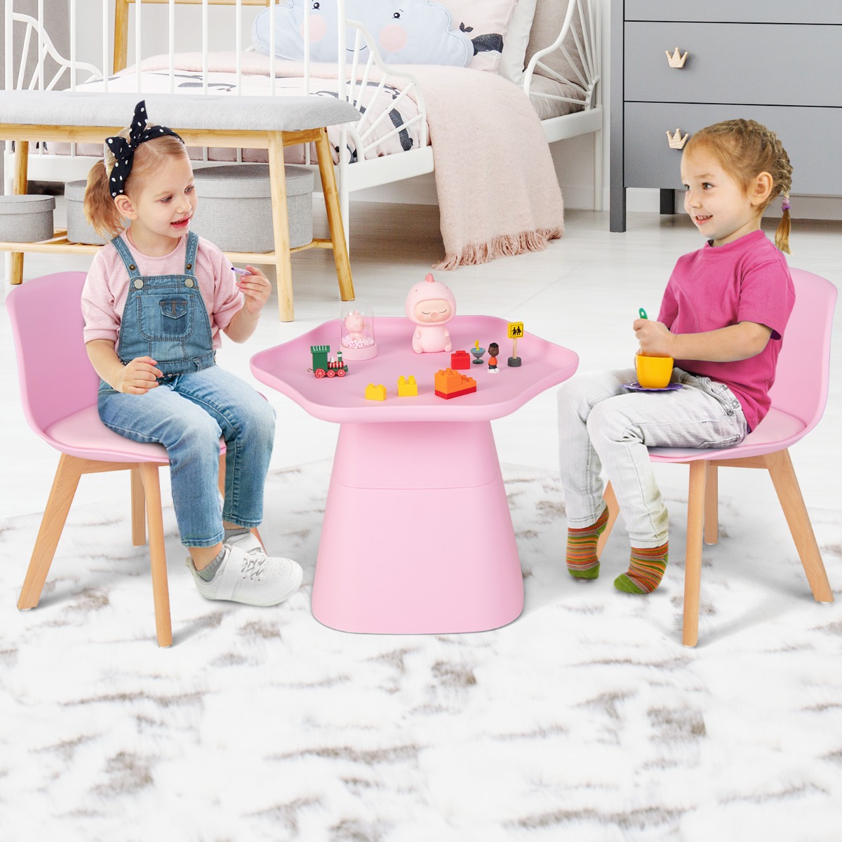 Kindertisch mit 2 Stühlen 3 TLG. Kindersitzgruppe aus Buchenholz Kindersitzgarnitur Rosa