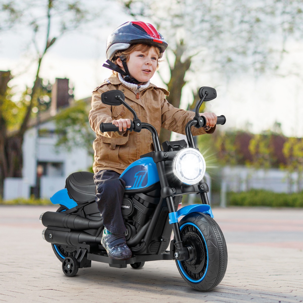 6V Kinder Motorrad mit Scheinwerfern & USB & Stützrädern Elektromotorrad Blau