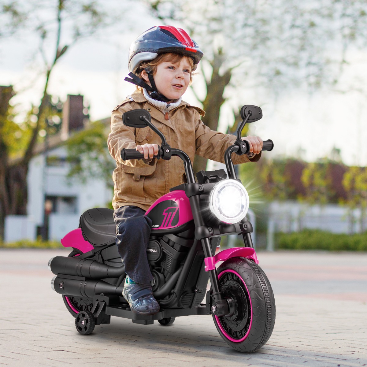 6V Kinder Motorrad mit Scheinwerfern & USB & Stützrädern Elektromotorrad Rosa