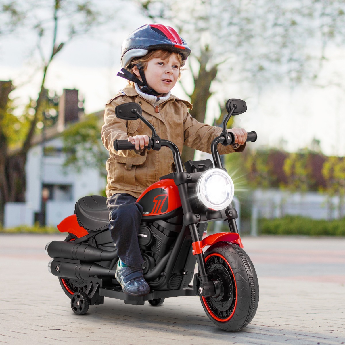 6V Kinder Motorrad mit Scheinwerfern & USB & Stützrädern Elektromotorrad Rot