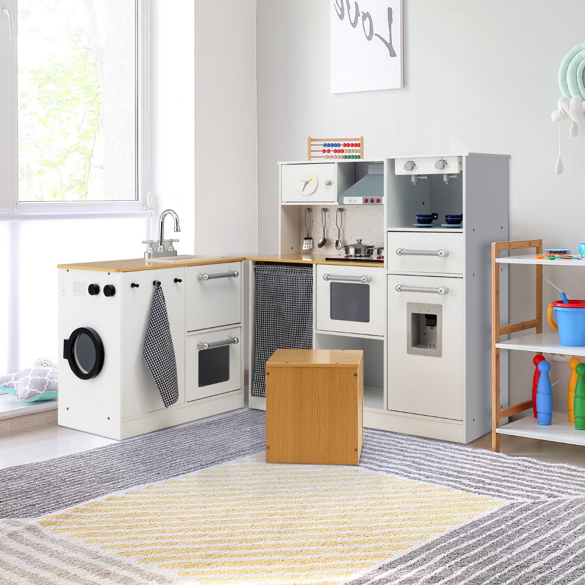 Kinder-Küchenset Spielküche mit Licht Hocker Kaffeemaschine Wasserspender Herd