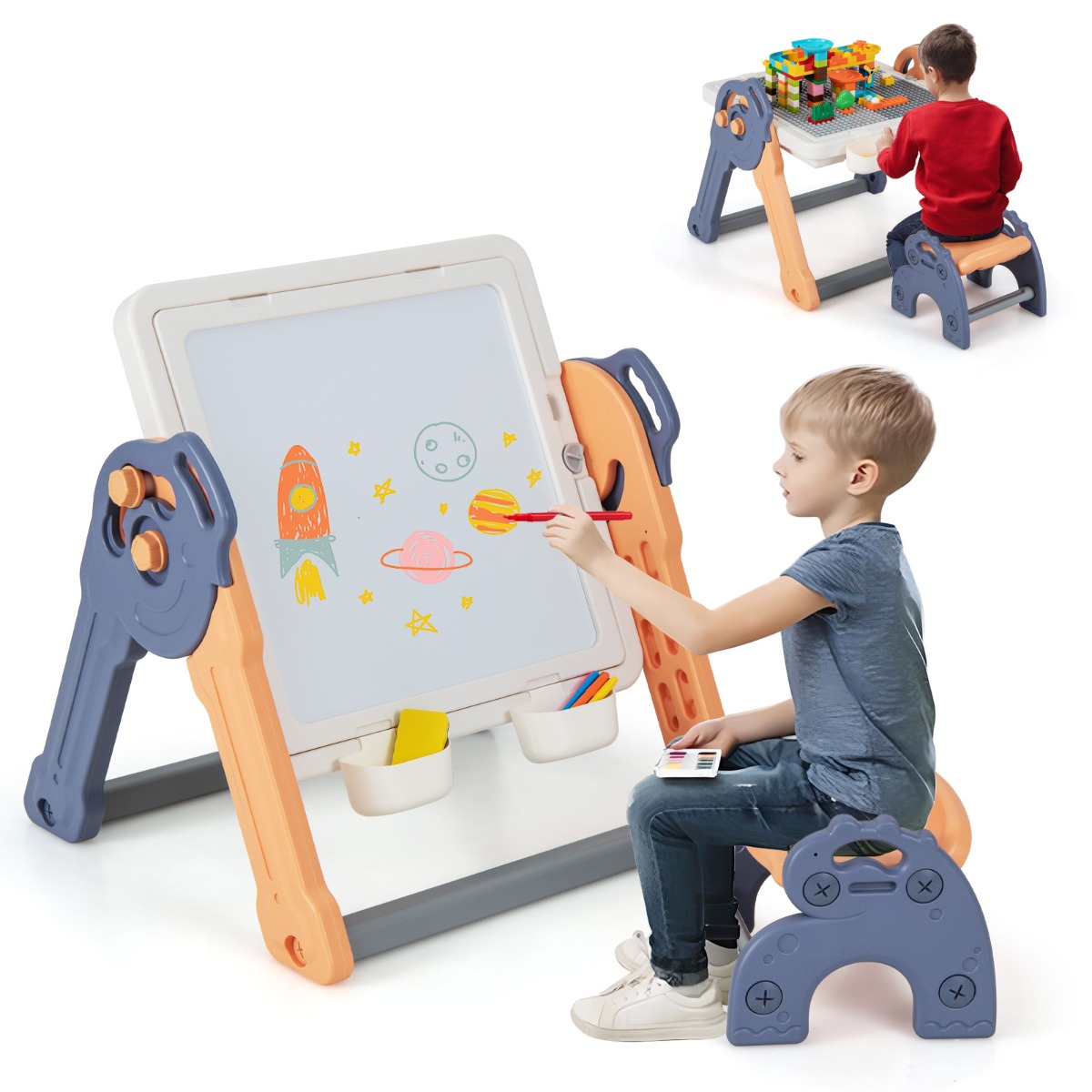 6 in 1 Klappbarer Kindertisch mit Stuhl & Staffelei Spieltisch mit Doppelseitiger & Abnehmbarer Tischplatte