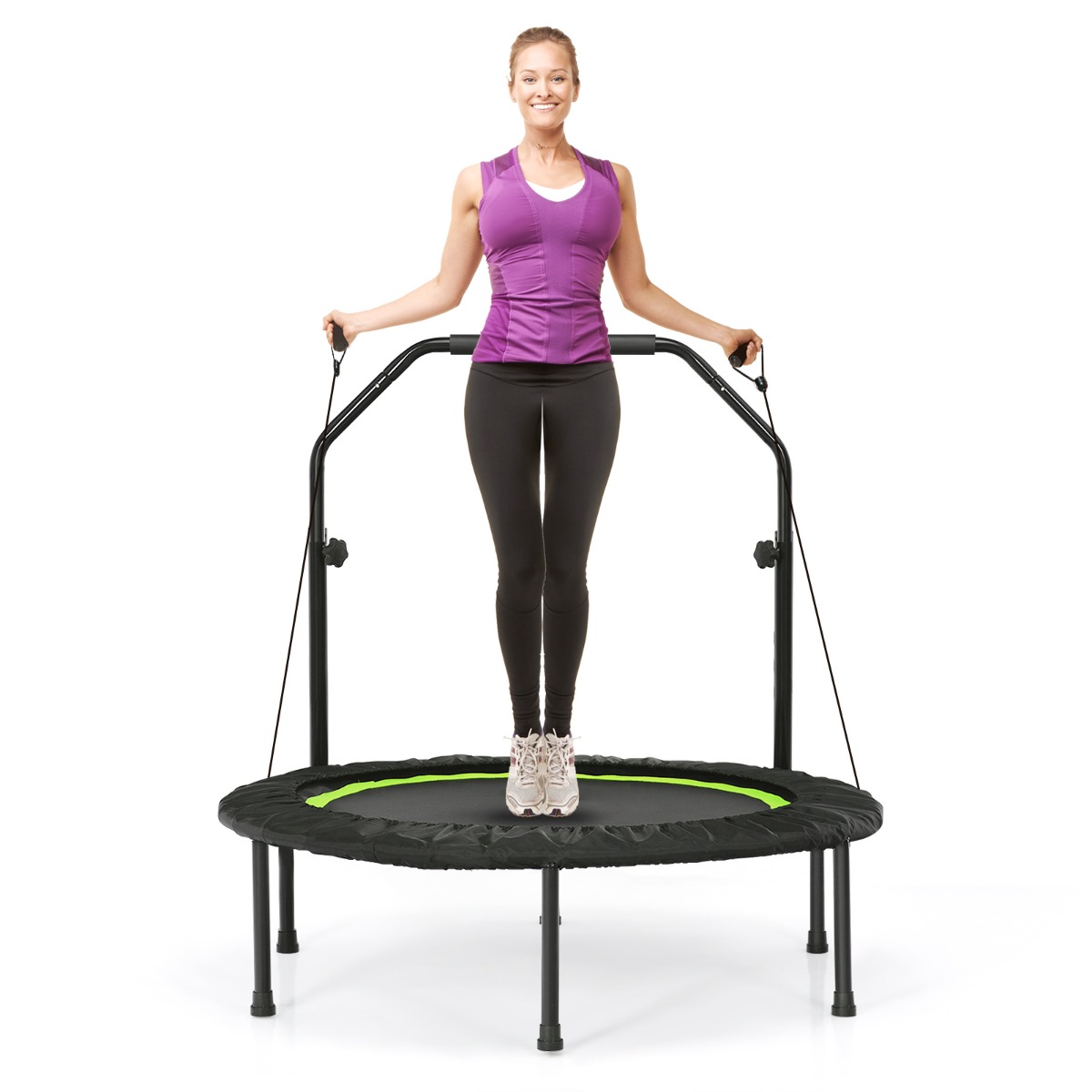 Ø101 cm Mini Trampolin mit Höhenverstellbarm Haltegriff & 2 Widerstandsbändern Grün