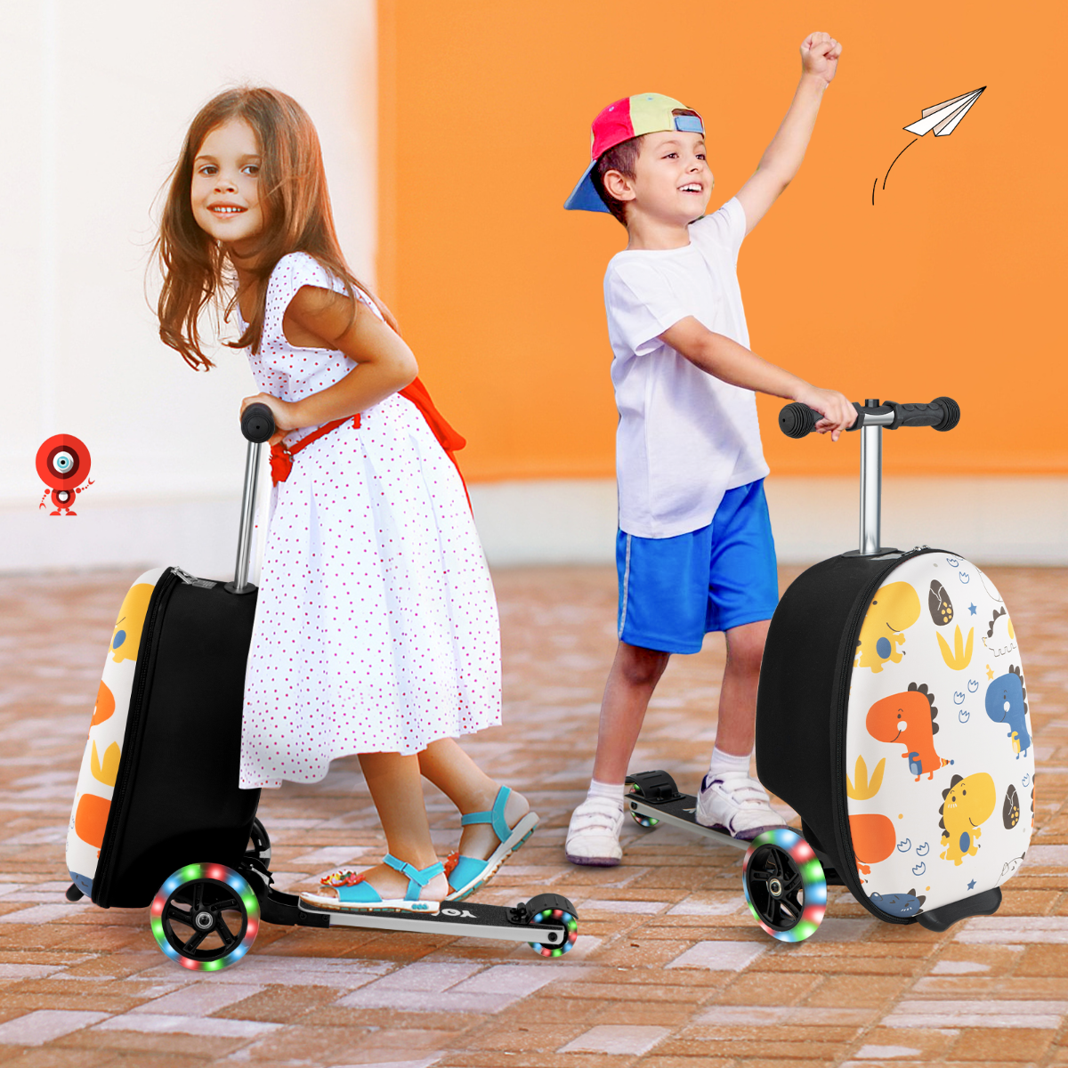 2 in 1 Kinderkoffer und Scooter mit LED Räder 26L Kindertrolley mit Bremse Dinosaurier