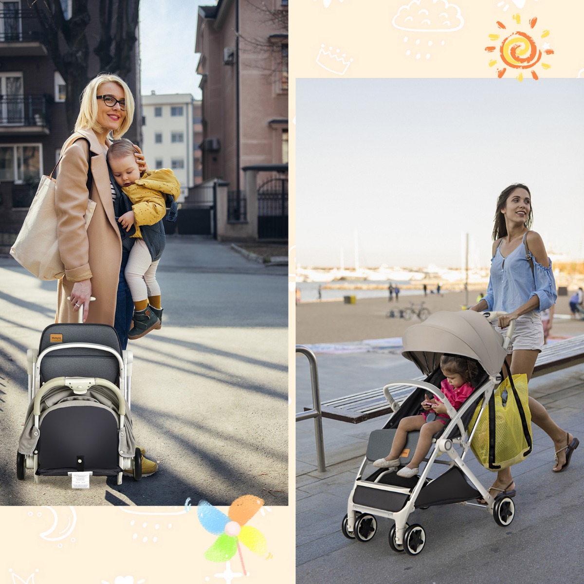 Kinderwagen faltbar Reisebuggy mit verstellbarem Rückenlehne & Verdeck Babywagen mit Becherhalter Grau