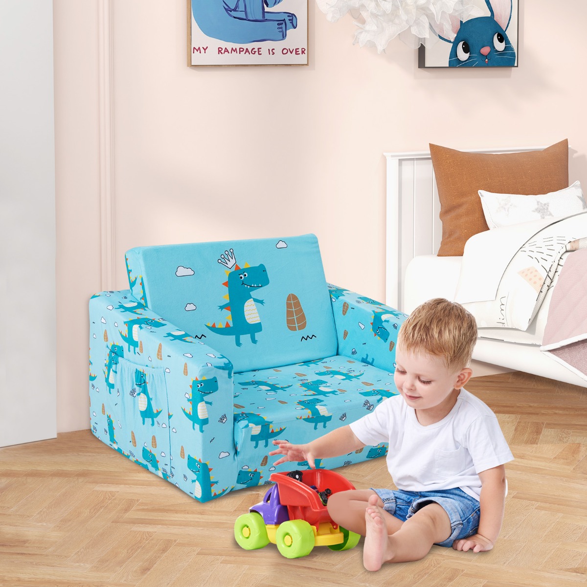 2-in-1 Kinder Klappsofa Kindersessel zum Ausklappen 57 x 42 x 40 cm Blau