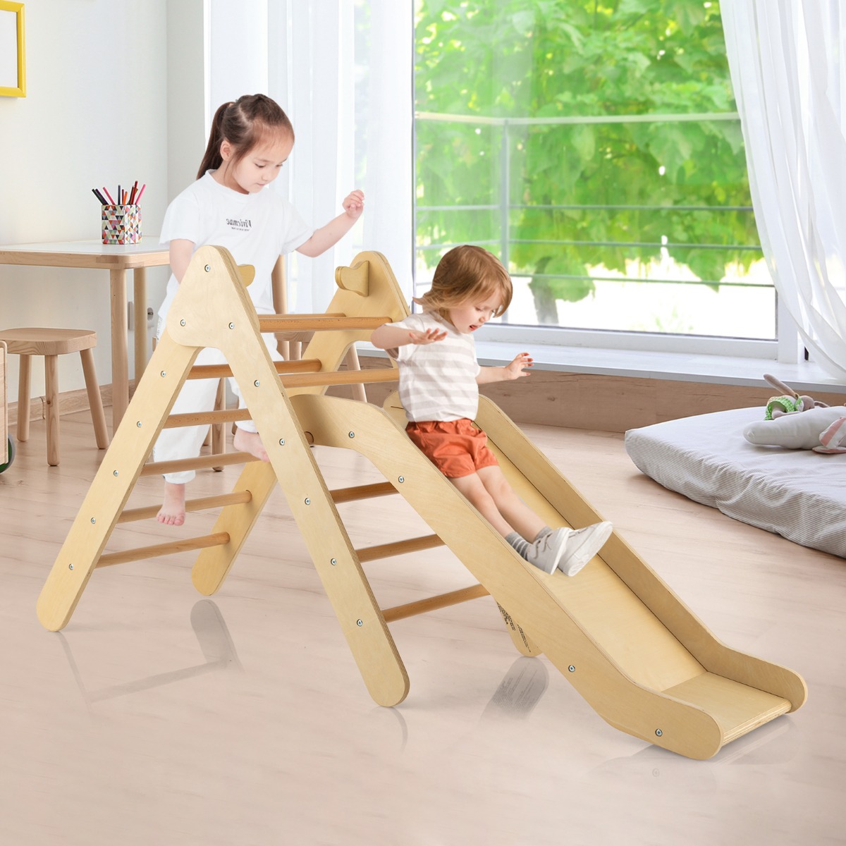 2-in-1-Dreiecks-Kletterset Dreiecke Kletterleiter aus Holz Natur