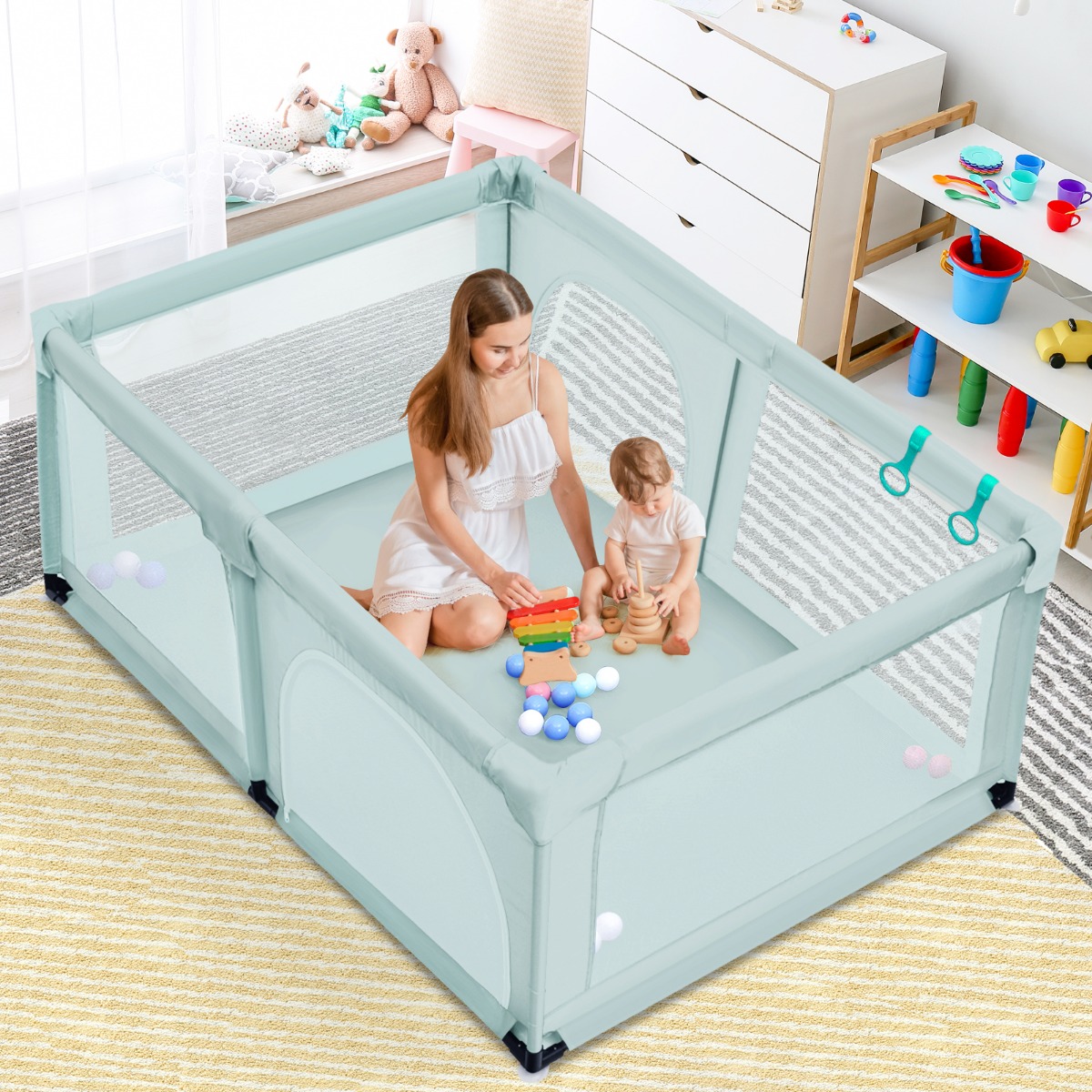 Baby Laufstall mit 50 Spielbällen Laufgitter mit Netz und Reißverschluss 120 x 190 cm Blau