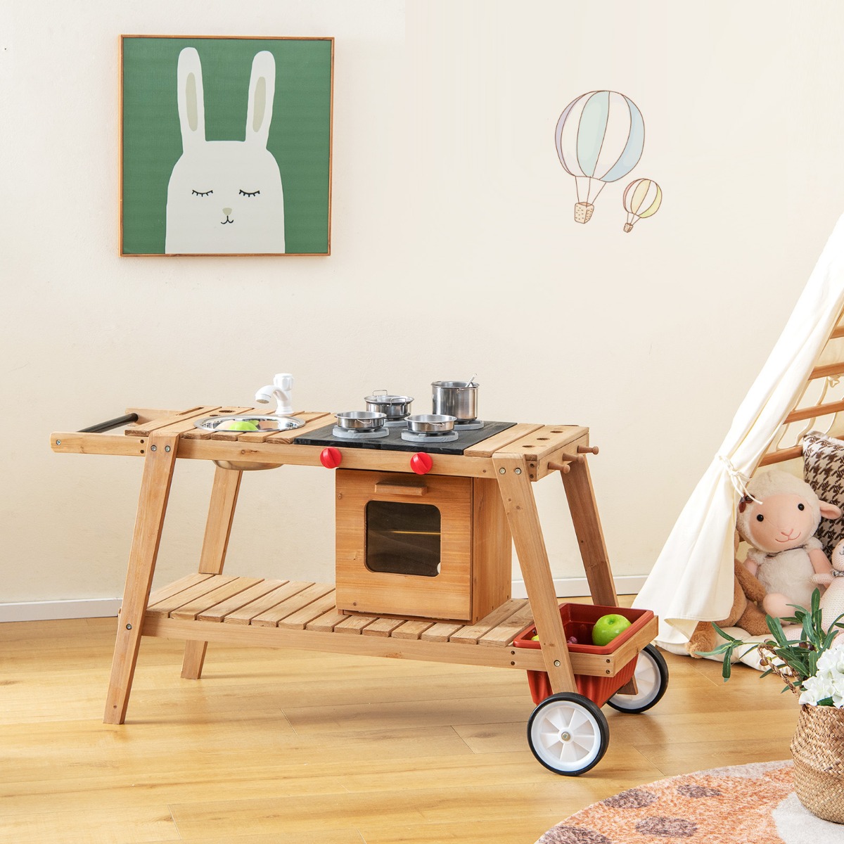 Matschküche Kinder Outdoor Kinderküche Holz mit Sonnenschirm & Rollen Blau