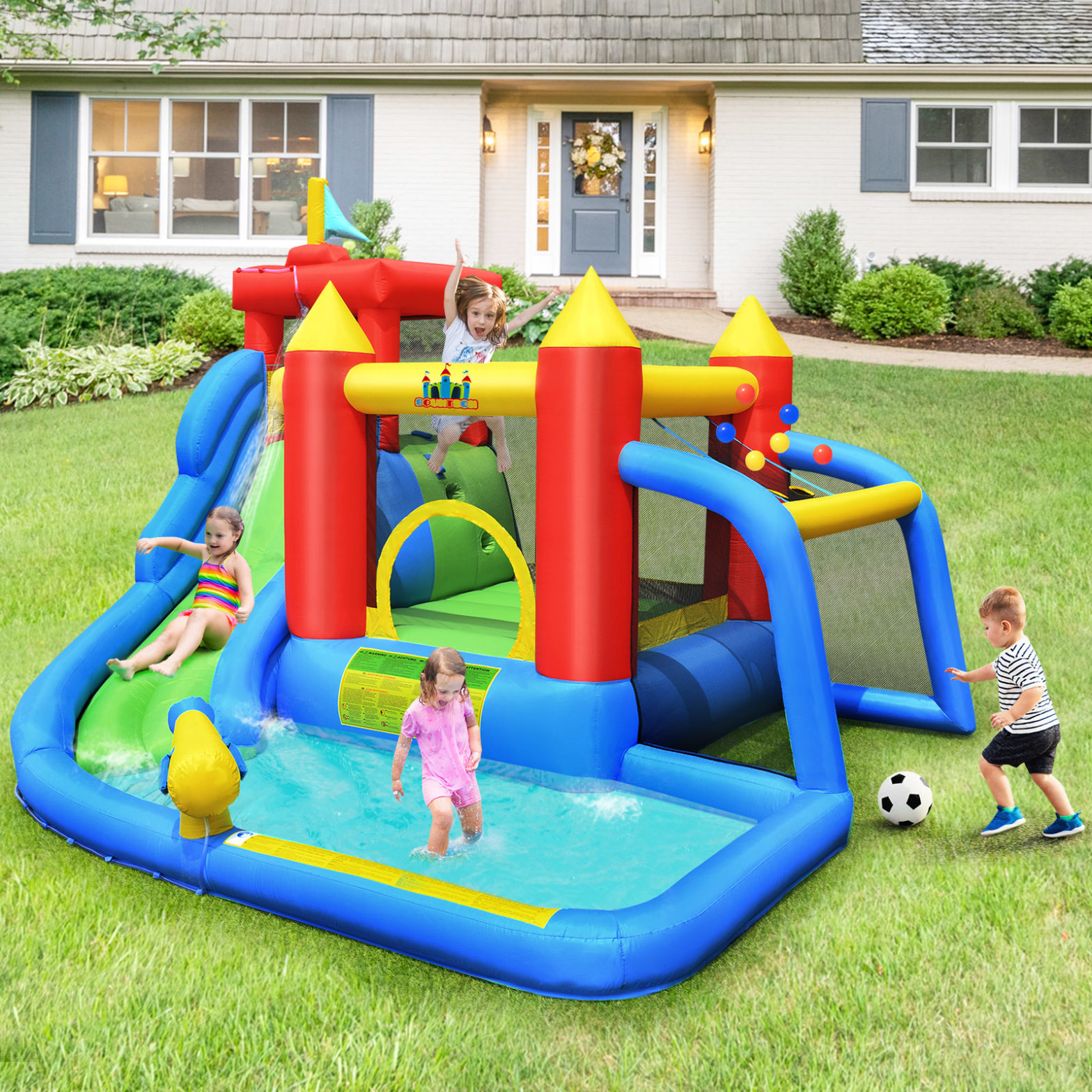 7 in 1 Hüpfburg und 450W Gebläse Kombination mit Wasserrutsche Outdoor Bouncer Spielpool mit Luftgebläse 350x315x245cm