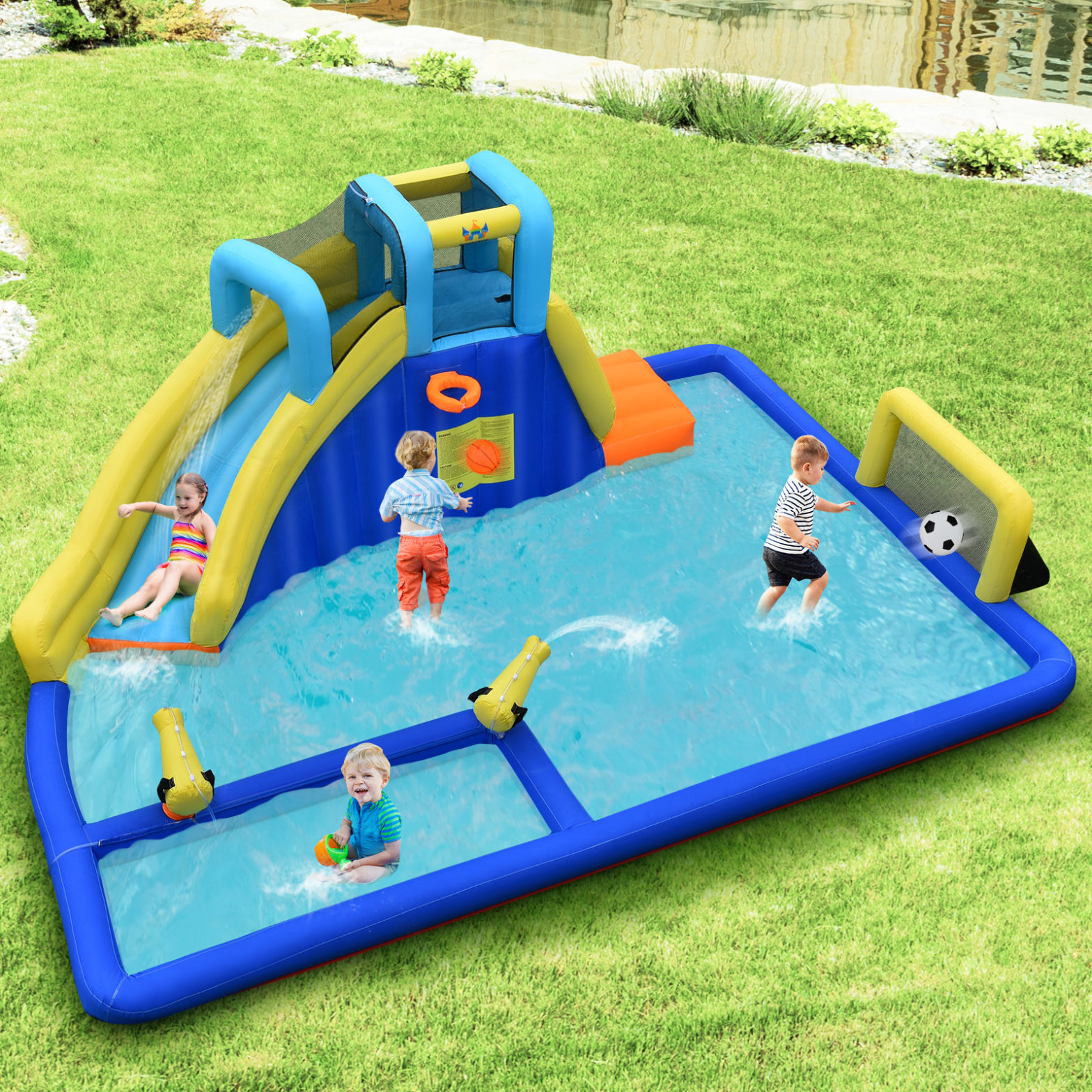 Aufblasbarer Wasserpark 6-in-1 Hüpfburg mit Wasserrutsche 526 x 373 x 203 cm Blau + Gelb