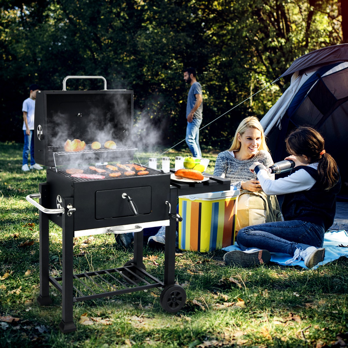 Tragbarer Holzkohlegrill Terrassengrill mit Rädern kohlegrill Holzkohle Grillwagen Schwarz