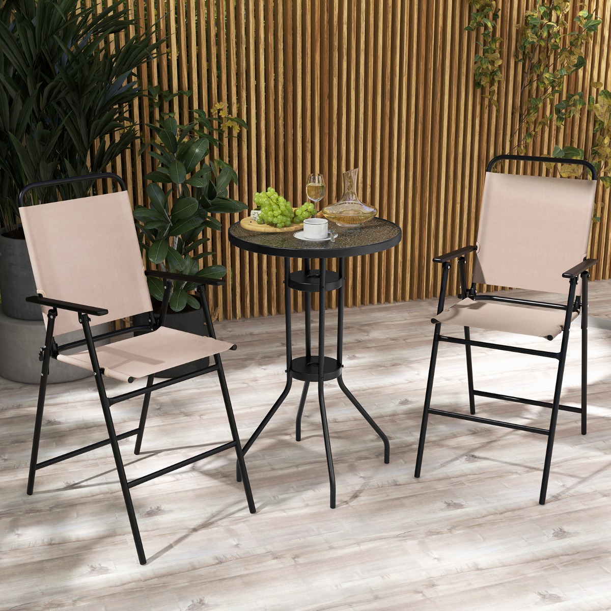 3 tlg. Outdoor-Bistro-Set Terrassen-Bartisch mit 2 Klappbaren Stühlen & Sonnenschirmloch Beige