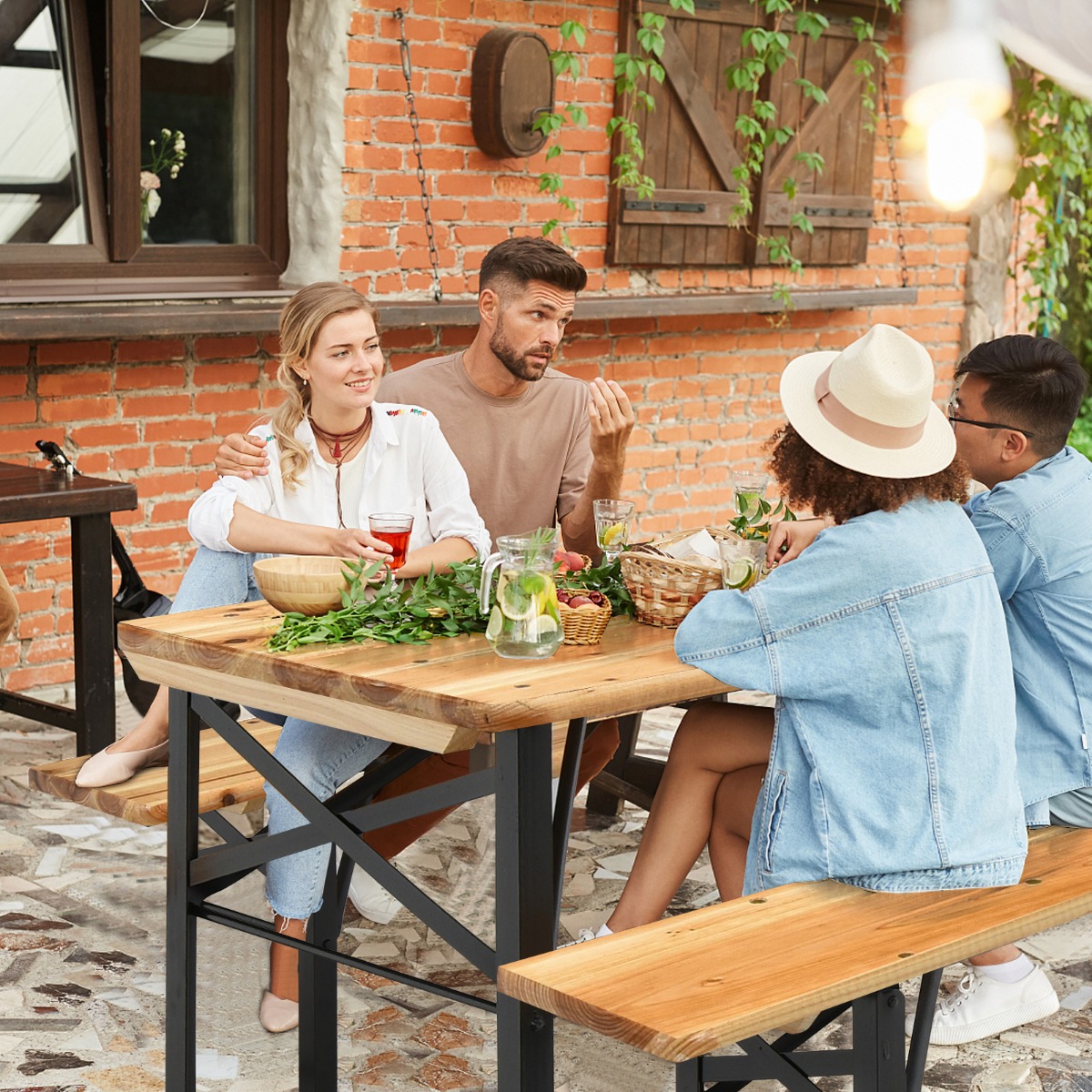 178 cm Langer Biertisch mit Sitzgarnitur 3-Teiliges Klappbares Picknicktisch- und Bank-Set