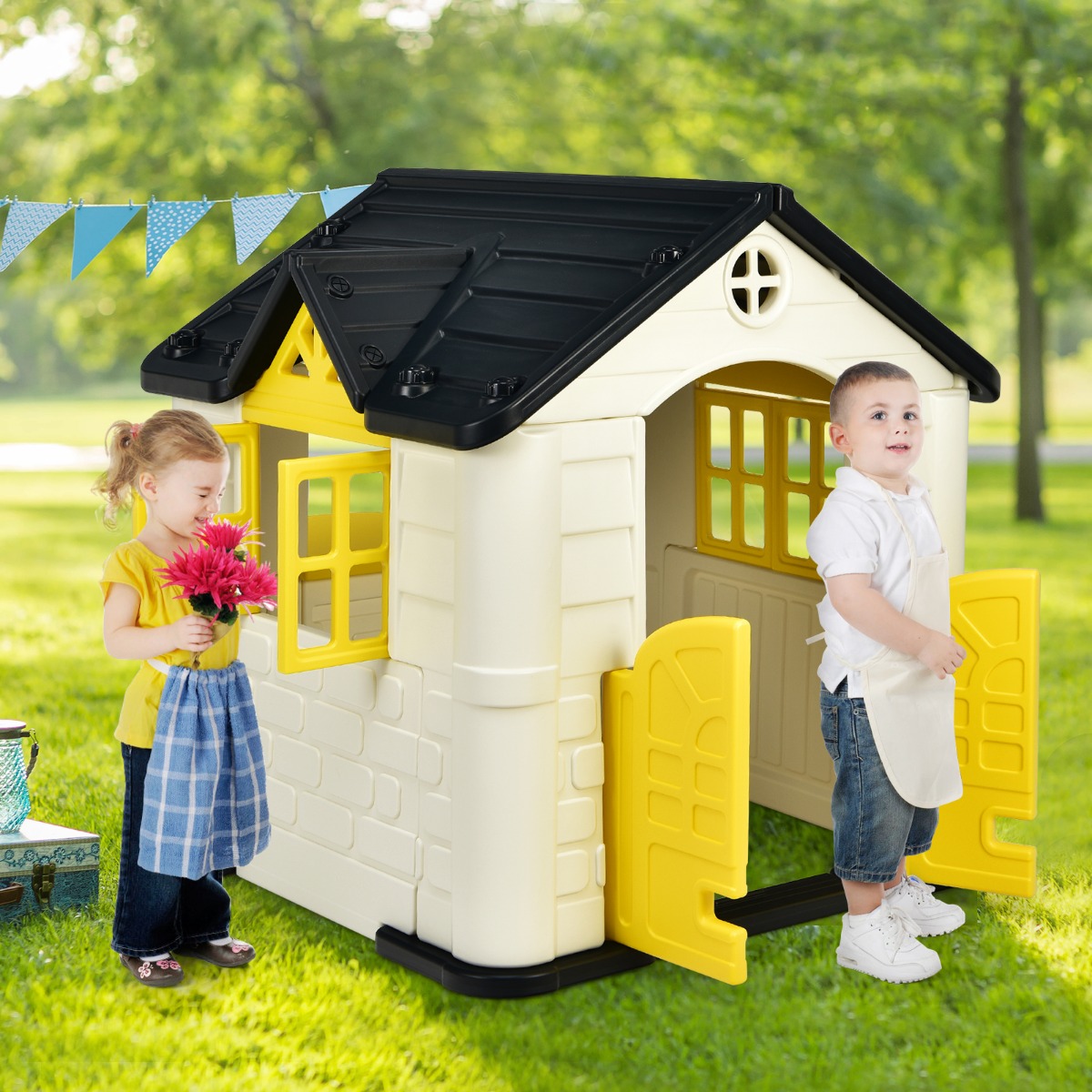 Kinder Spielhaus 164 x 124 x 132 cm Outdoor Kinderhäuschen mit Pickniktisch Gelb