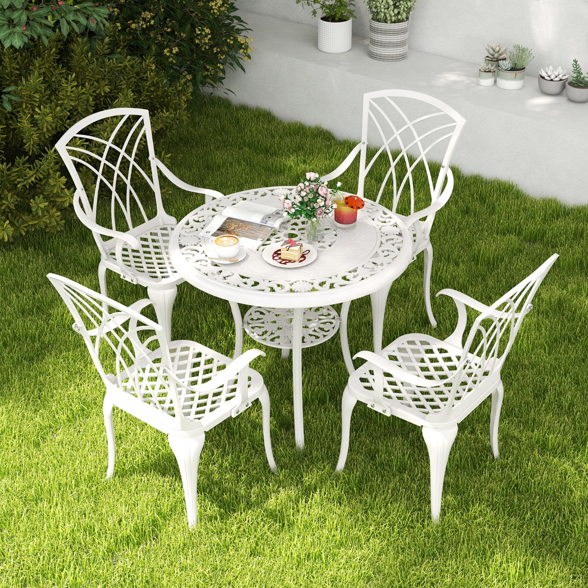 5 tlg. Bistro Set aus Aluminiumguss mit Schirmloch Wetterbeständiger Runder Esstisch & 4 Stühle Weiß