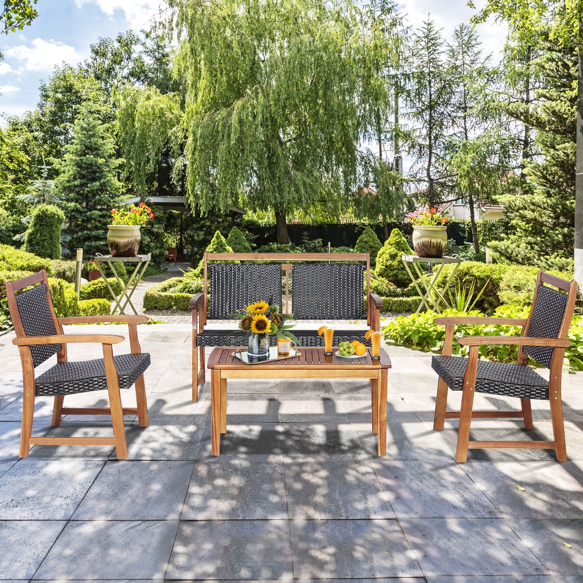 4-teiliges Patio-Rattan-Gesprächsset mit Akazienholzrahmen Sectional Furniture Set für Garten