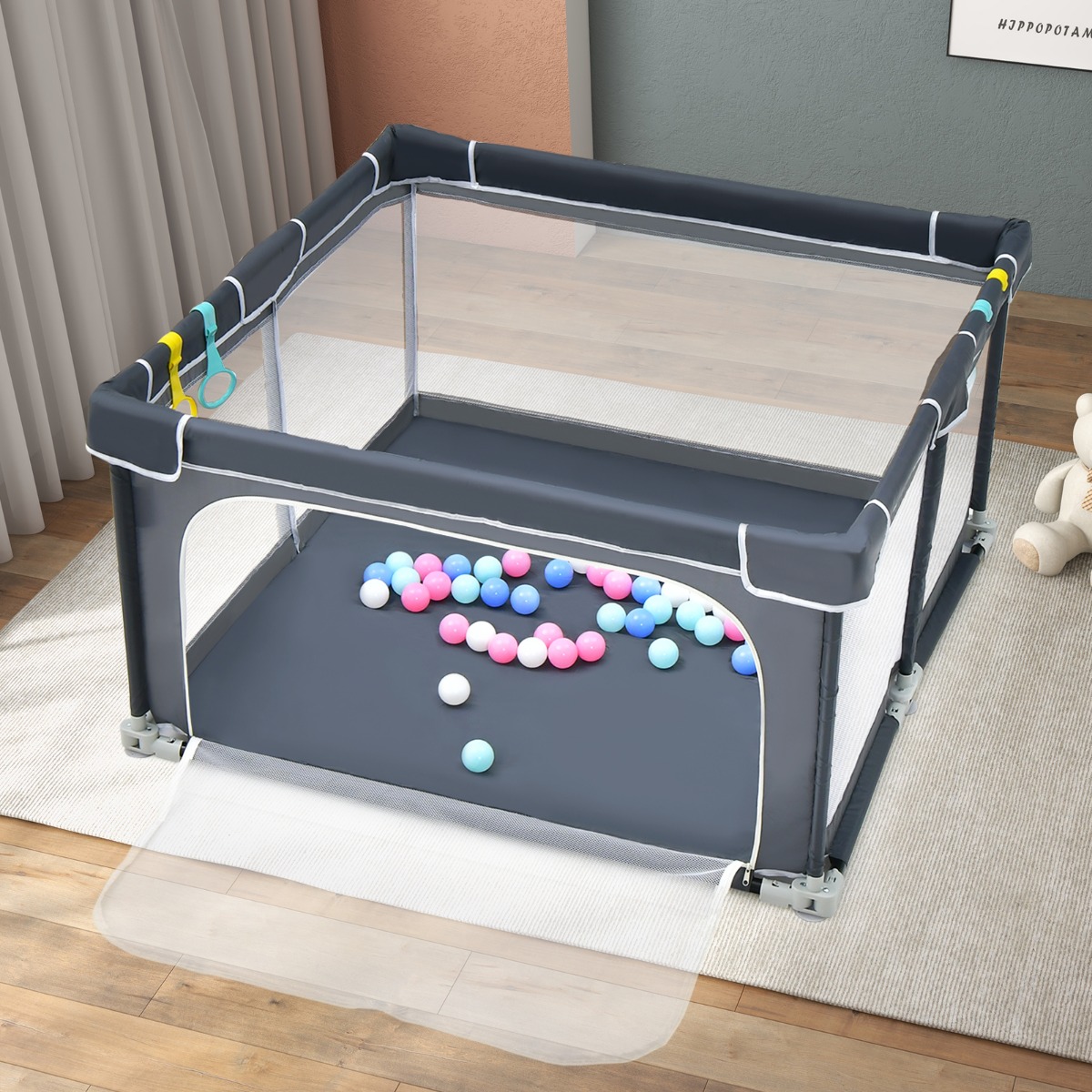 Quadratischer Baby-Laufstall 124 x 124 cm Großer Spielzaun Dunkelgrau