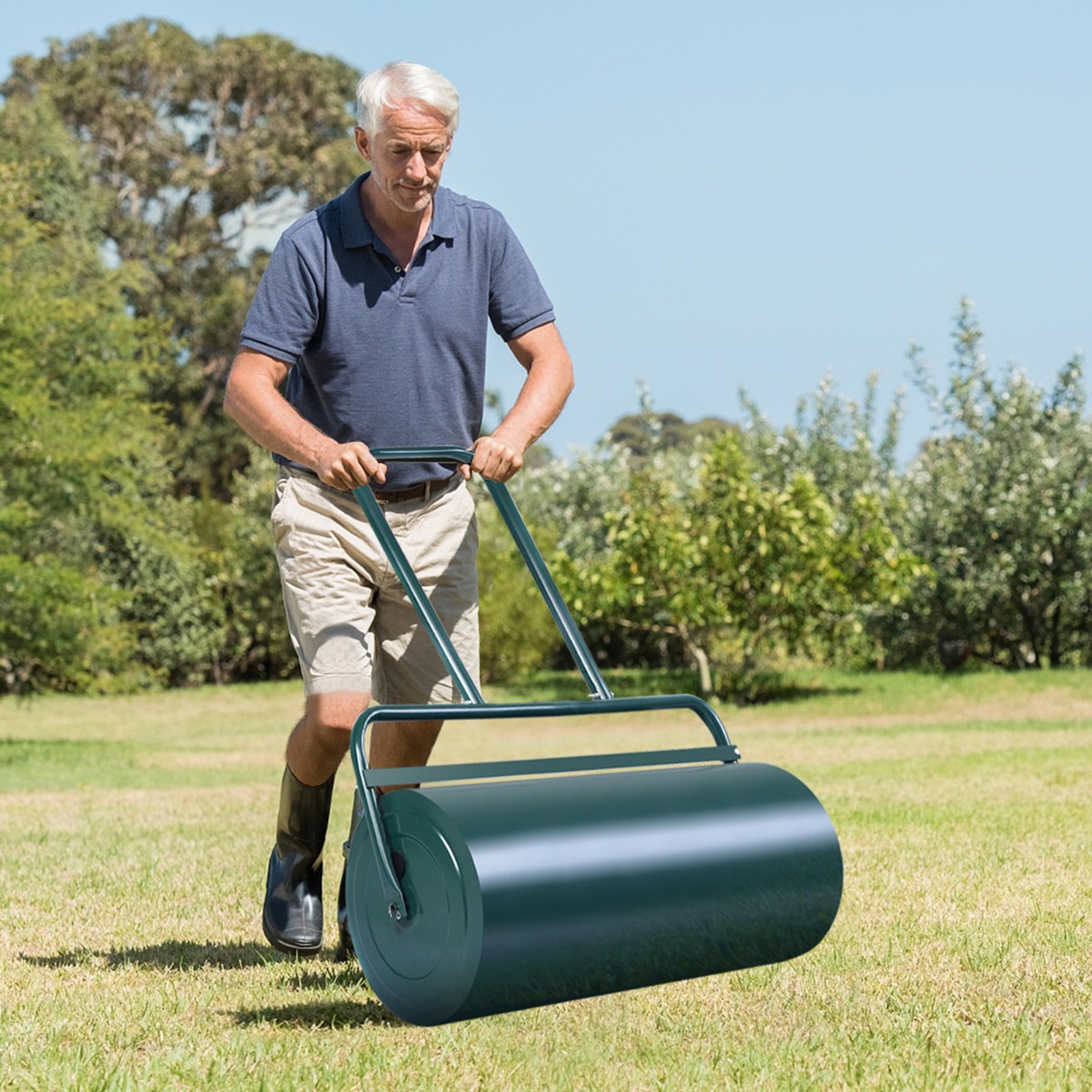 Stahl Rasenroller mit Wasser und Sand Walze Rasenroller mit schwerer Walze Handwalze mit U-förmigem Griff Grün