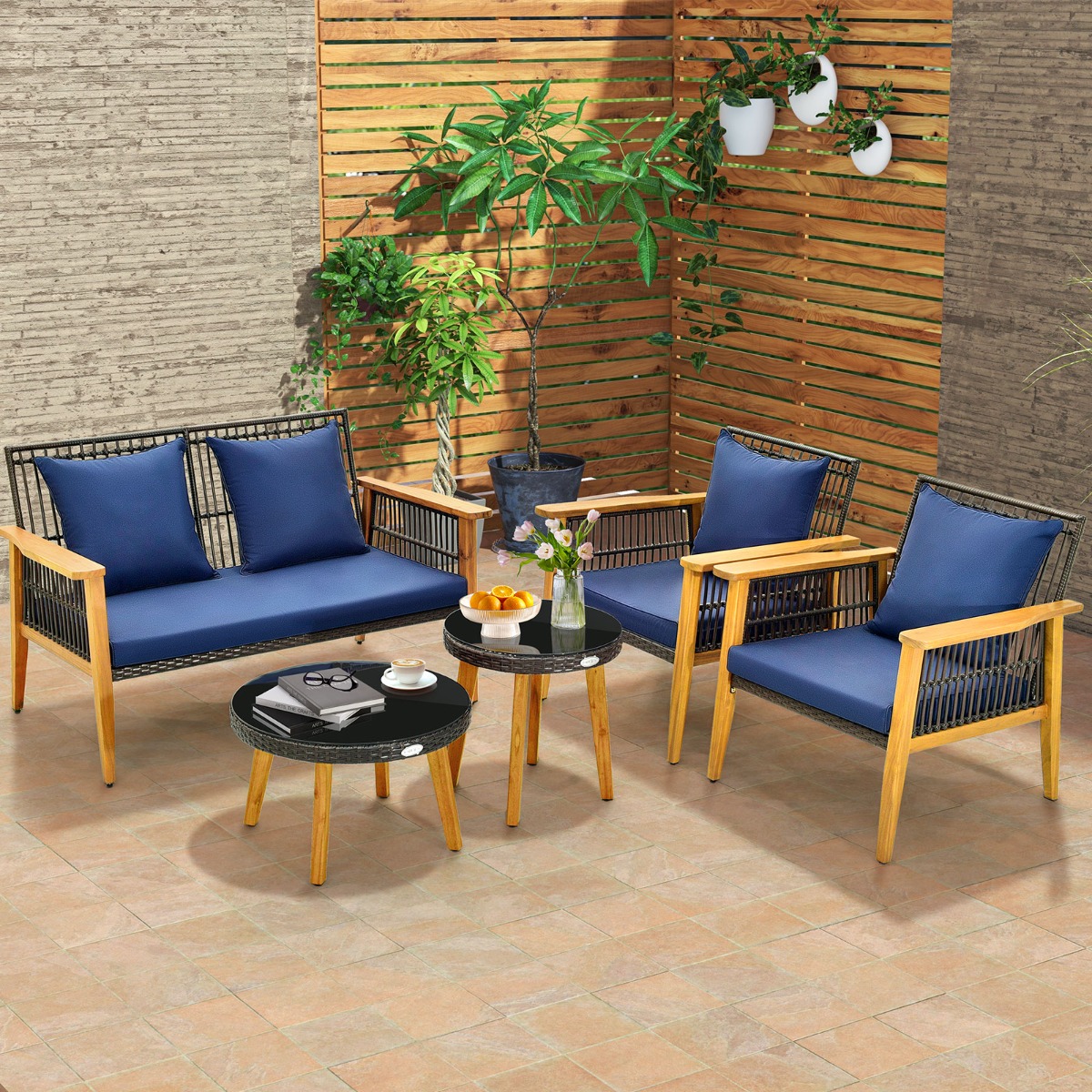 5-tlg. Outdoor Rattan Gesprächsset mit 2 Couchtischen & Gemütliche Sitz- & Rückenkissen