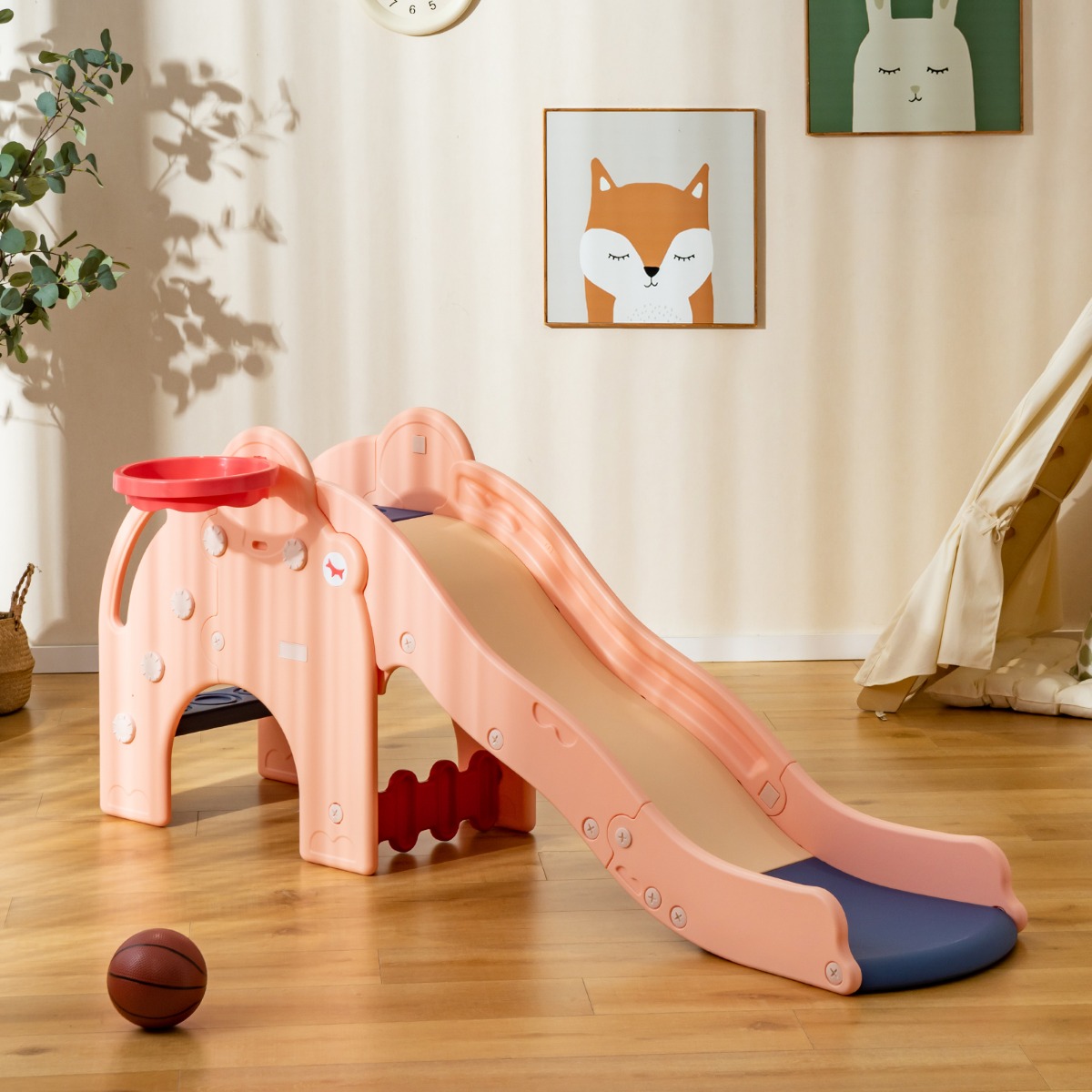 Rutsche Outdoor 4 in 1 Kinder Rutsche & Tunnel & Basketballkorb & Leiter 187,5 x 75 x 77,5 cm Rosa