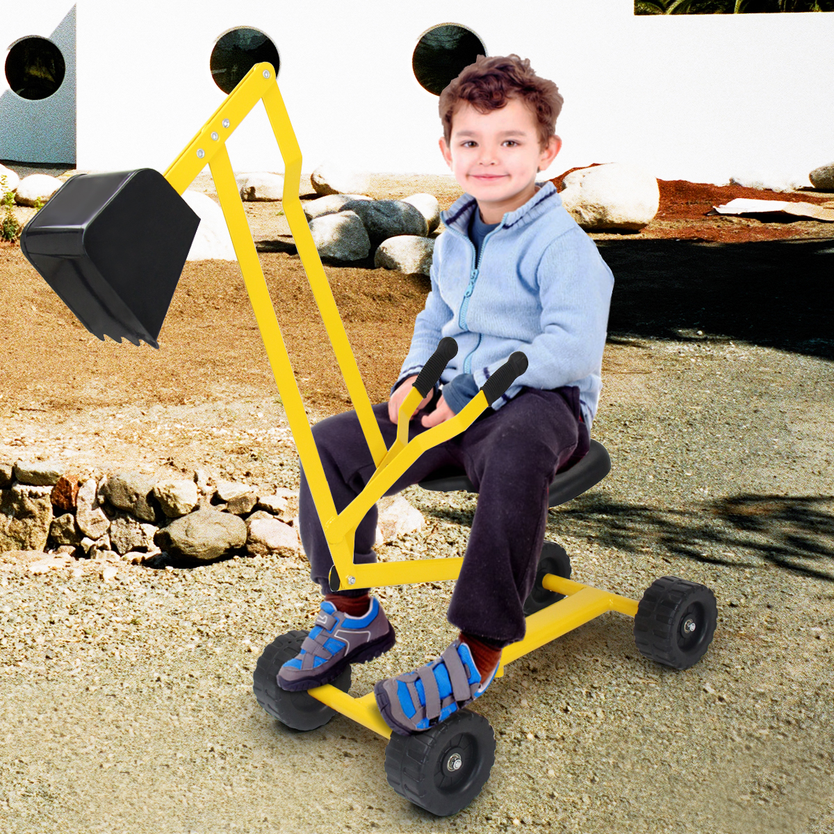 Sitzbagger mit Schaufel Kinderbagger aus Metall Sandbagger zum Aufsitzen für Kinder ab 3 J. Gelb