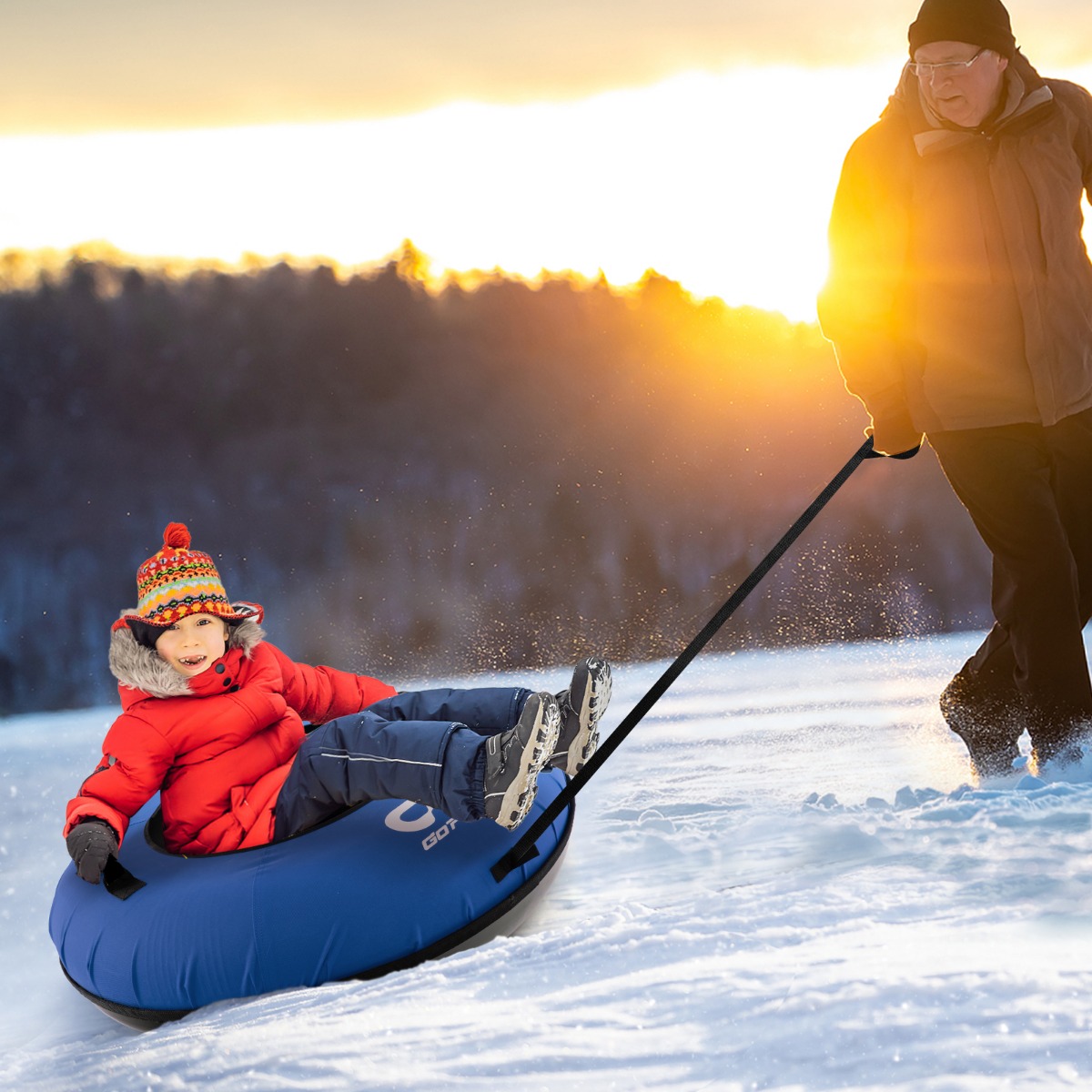 Aufblasbarer Schlitten Ø100 cm Schneereifen mit abnembarer Schleppleine & Reifenpumpe Blau