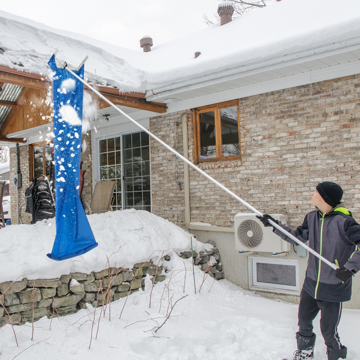 Schneerechen mit 4-teiliger Stange & Praktischen Rädern & Rutschfestem Griff Dachrechen Silber