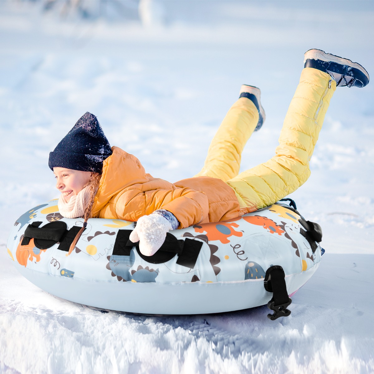 Ø 132cm Schneereifen mit Griffe & Handpumpe 100 kg Belastbar Aufblasbarer Schlitten Dinosaurier