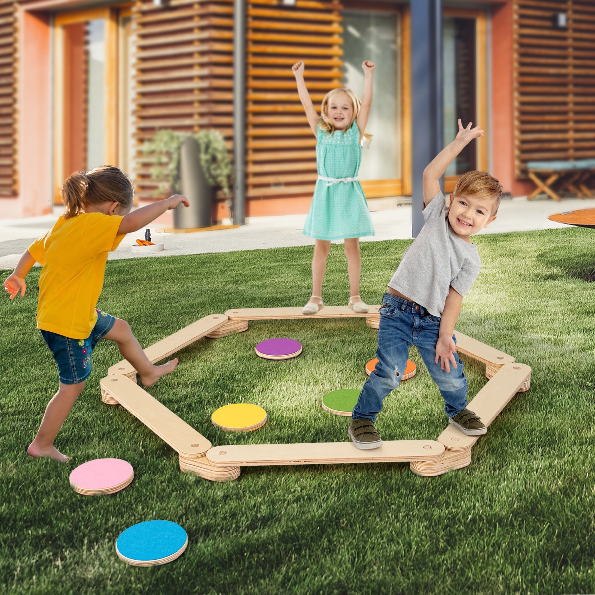 12 tlg. Balancierbalken mit 6 Balanciersteine frei kombinierbar aus Holz für Kinder