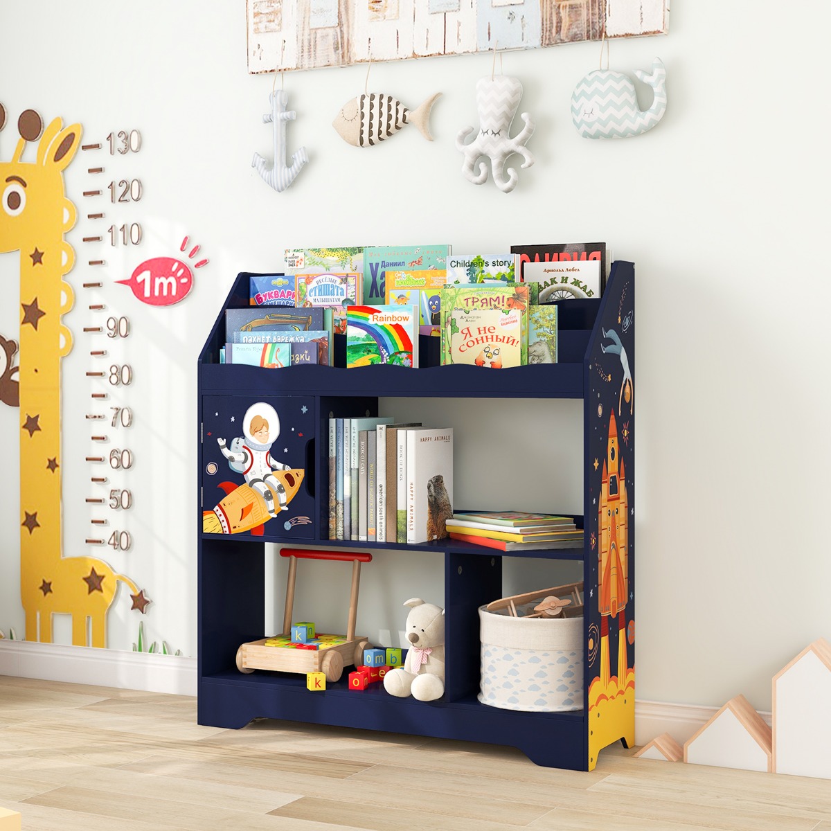 3 in 1 Spielzeugregal mit Ablagefächer & Tür 3 Stöckiges Kinderregal Bücherregal 93 x 30 x 100 cm Blau