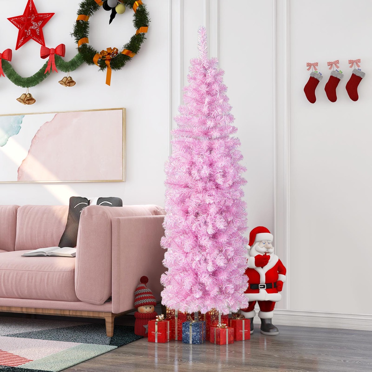 180 cm Künstlicher Bleistift Weihnachtsbaum mit 250 Kaltweißen LEDs Schlank Christbaum Rosa