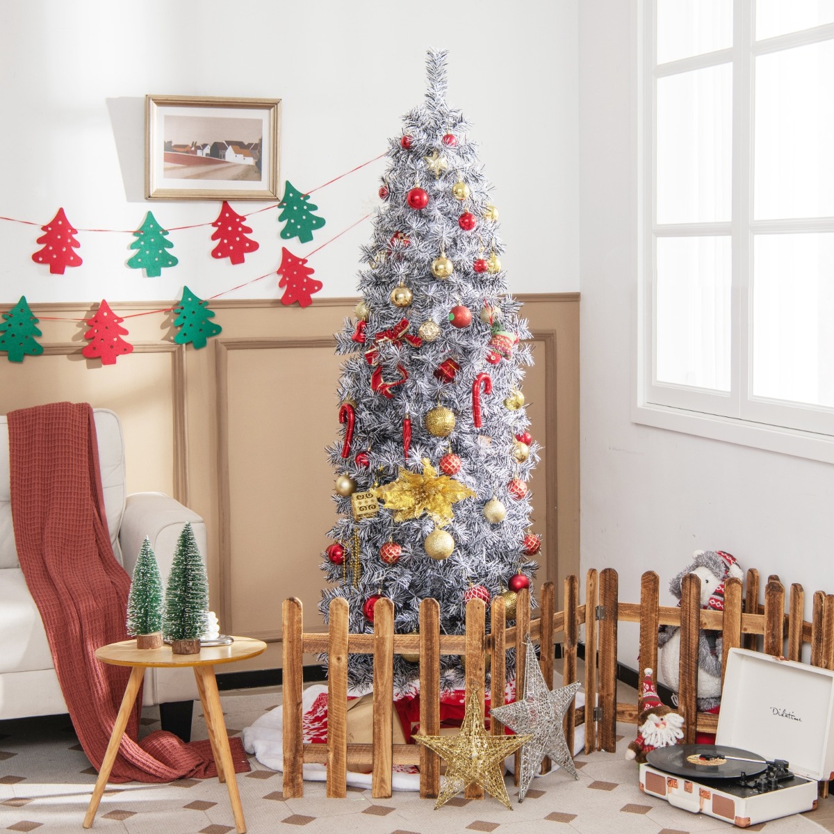 180 cm Künstlicher Bleistift Weihnachtsbaum mit 250 Kaltweißen LEDs Schlank Weiß + Schwarz