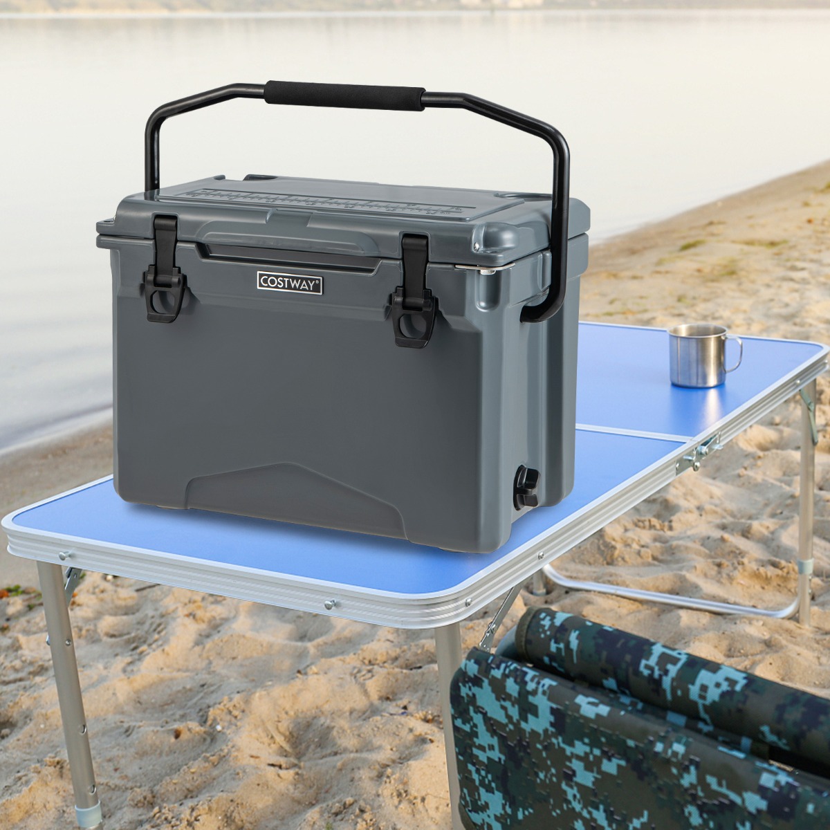 23L Isolierbox mit Flaschenöffner & Griff Tragbare Kühlbox Wärmebehälter für Camping Grau