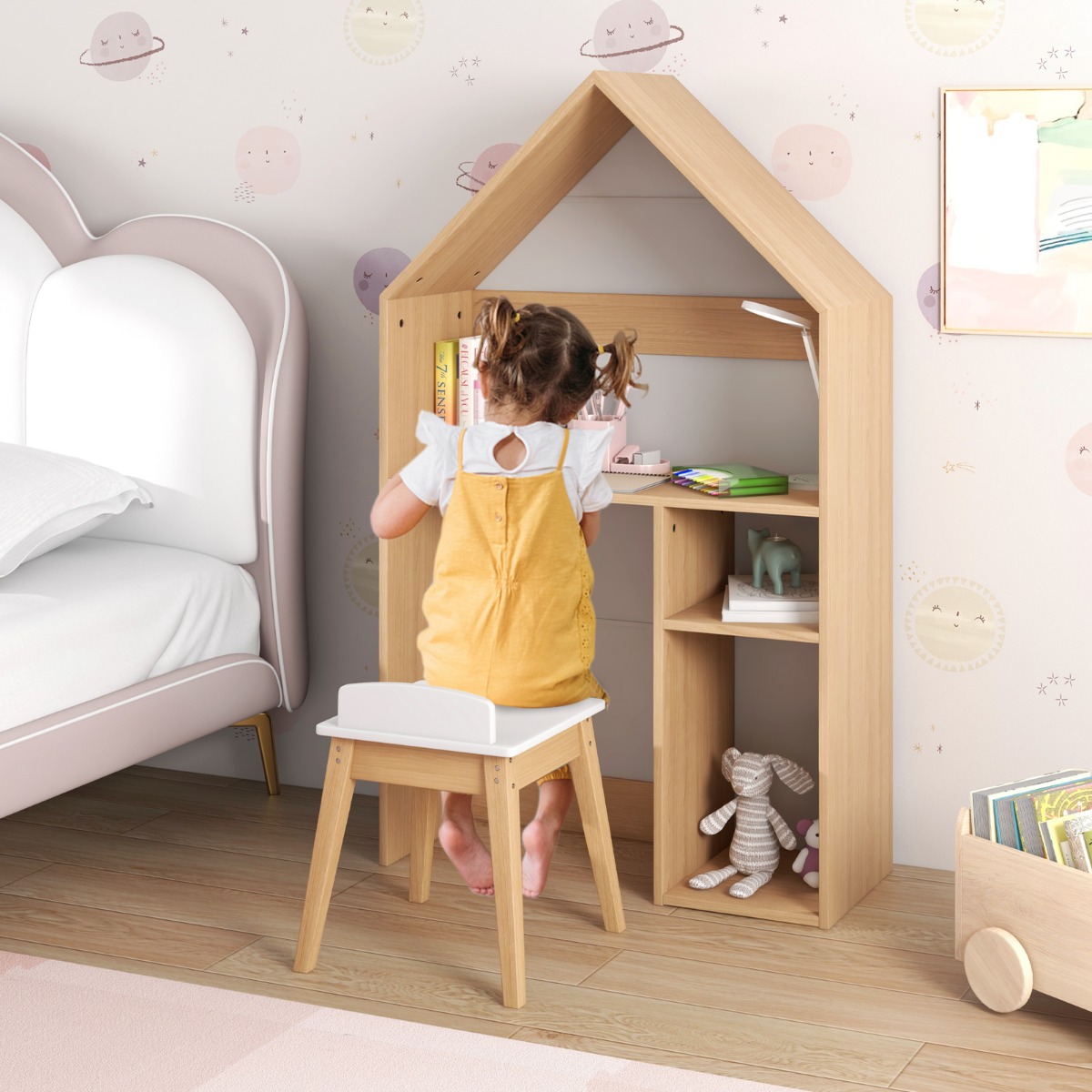 Tisch- und Stuhlset in Hausform 2-in-1-Spielzeugschrank für Kinder mit viel Stauraum 73 x 30 x 130 cm Natur + Grau