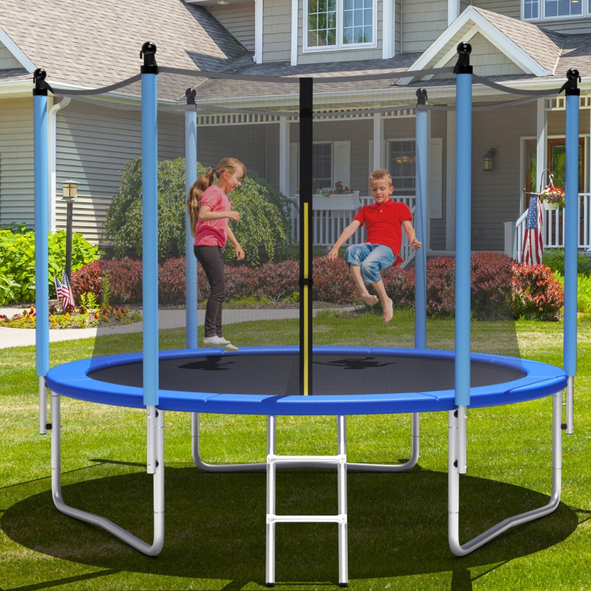 Ø 305 cm Trampolin Freizeit-Trampolin mit Sicherheitsnetz Schwarz + Blau