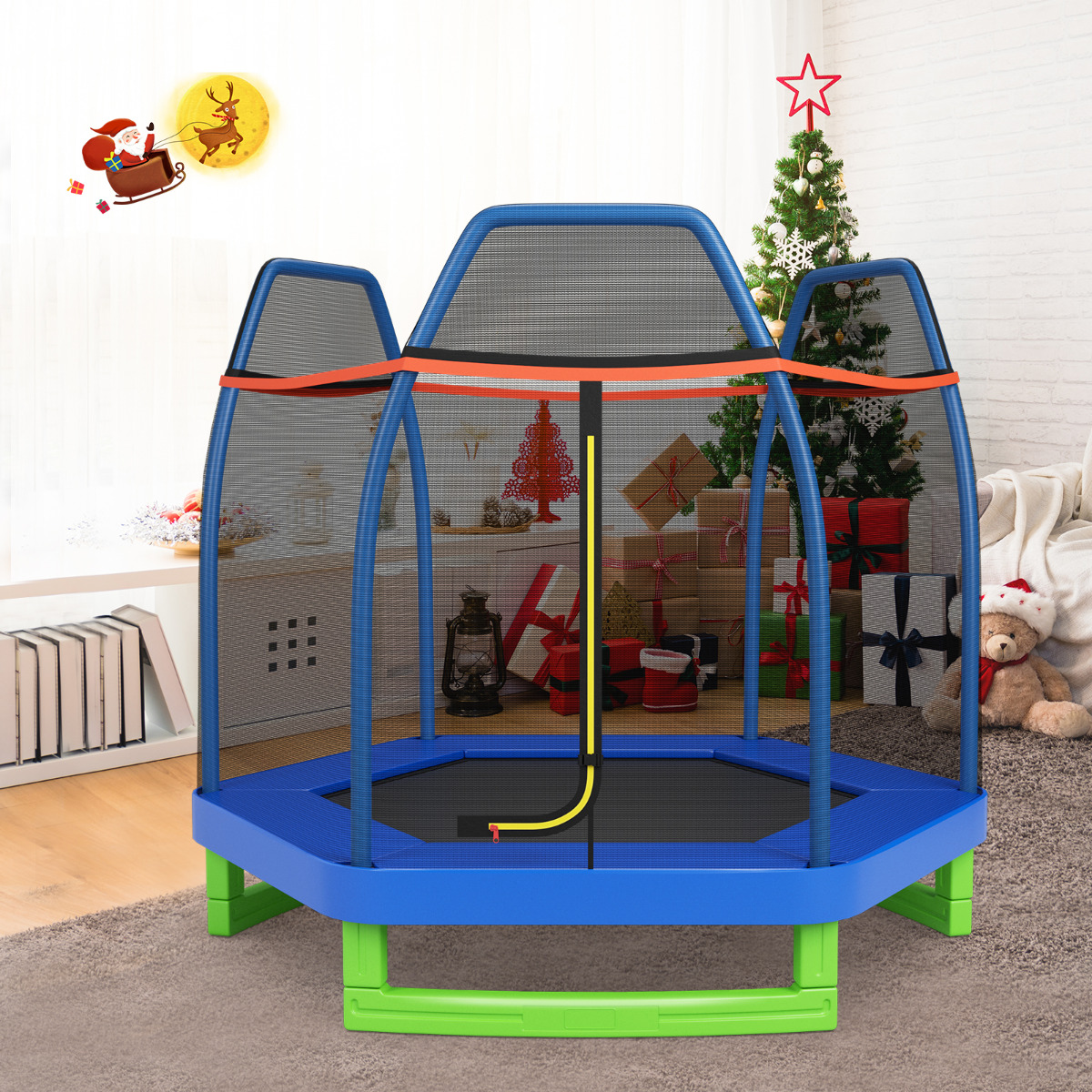 Kinder-Trampolin bis 150 kg mit Sicherheitsnetz und Federkissen 223 x 223 x 186 cm Blau