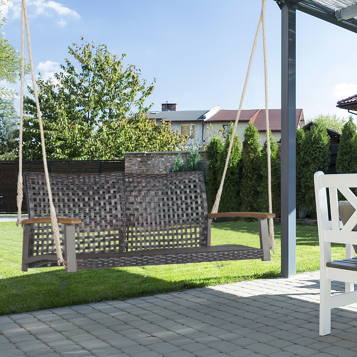 Schaukelbank für Draußen Hängebank aus PE-Rattan mit 2 Seilen 131 x 68 x 54 cm