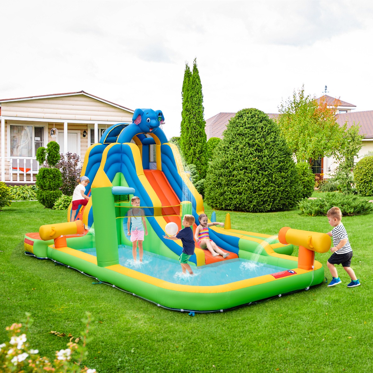 Aufblasbare Wasserrutsche mit Planschbecken & Kletterwand & Wasserkanonen ohne Gebläse