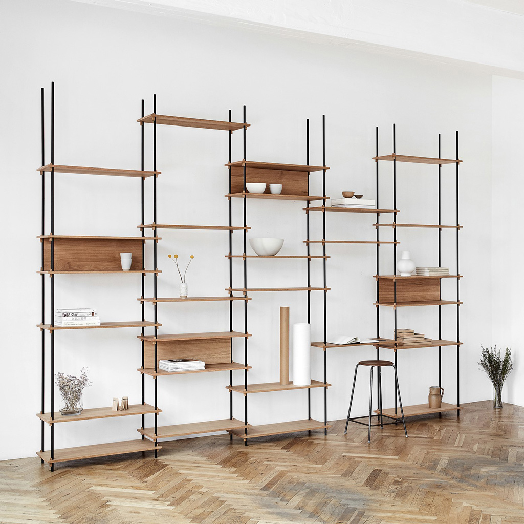 Moebe – Shelving System – flexibles Wandregalsystem aus Holz und Stahl