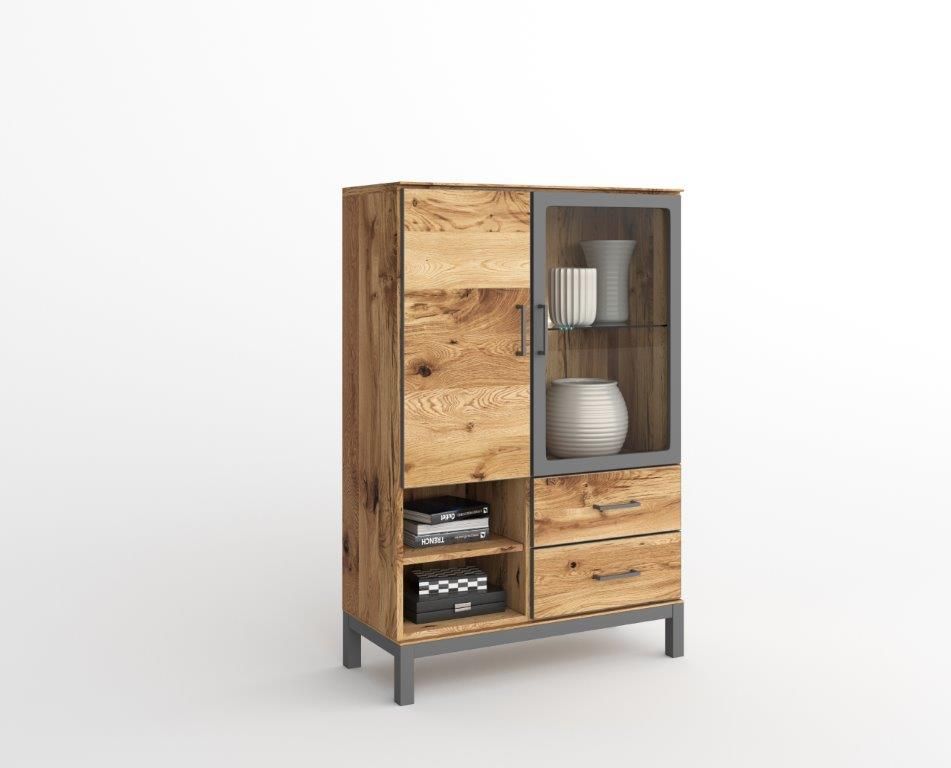 Highboard Serie Juist Vitrine XL Balkeneiche mit Metall kombiniert