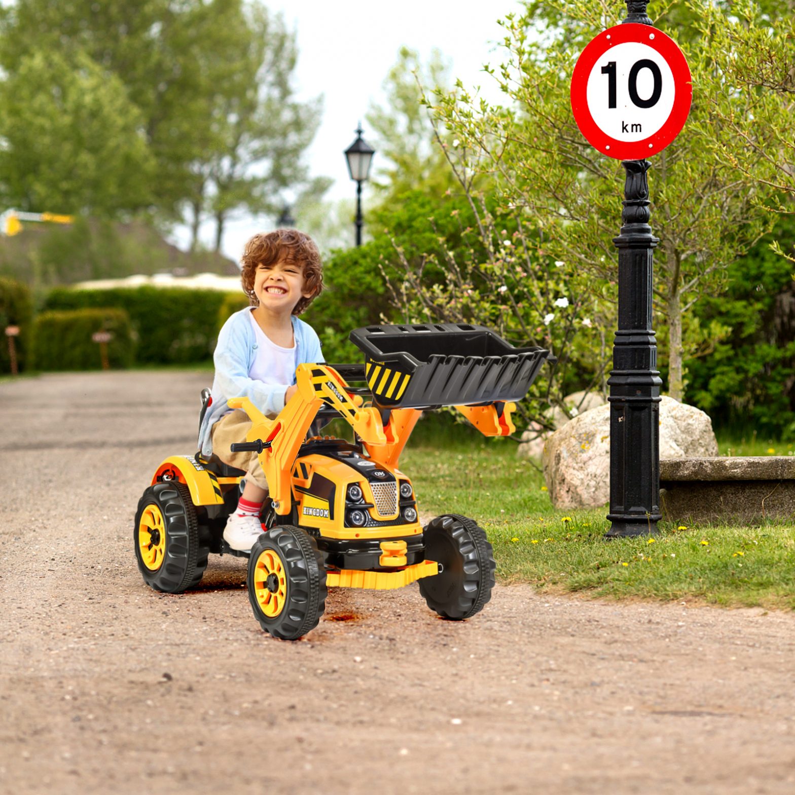 Elektrischer Kinder-Gabelstapler Kinderbagger Sitzbagger mit Schaufel 149 x 62 x 74 cm Gelb + Schwarz