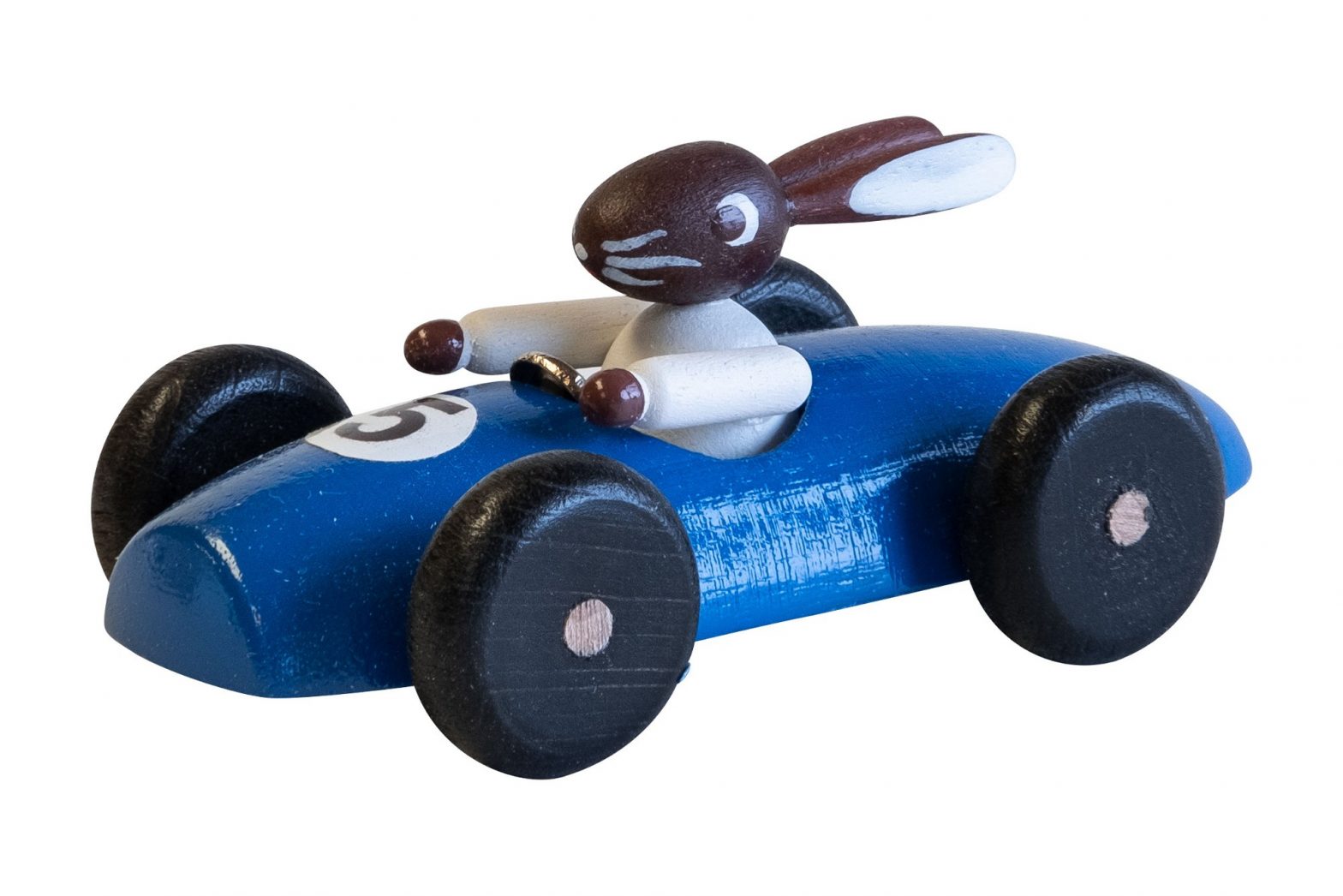 Osterhase im Rennauto blau