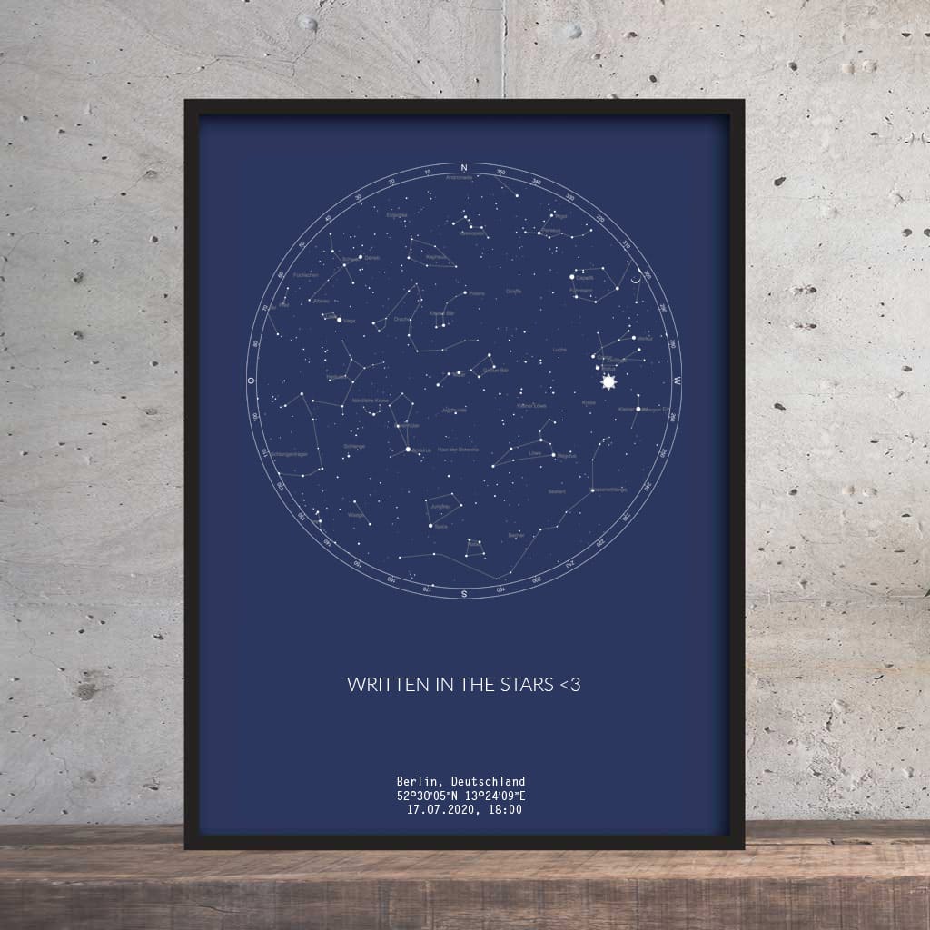 Sternenhimmel Poster – Persönliche Sternenkarte – Navy Blau – Aluminiumrahmen Weiß, 40x60cm