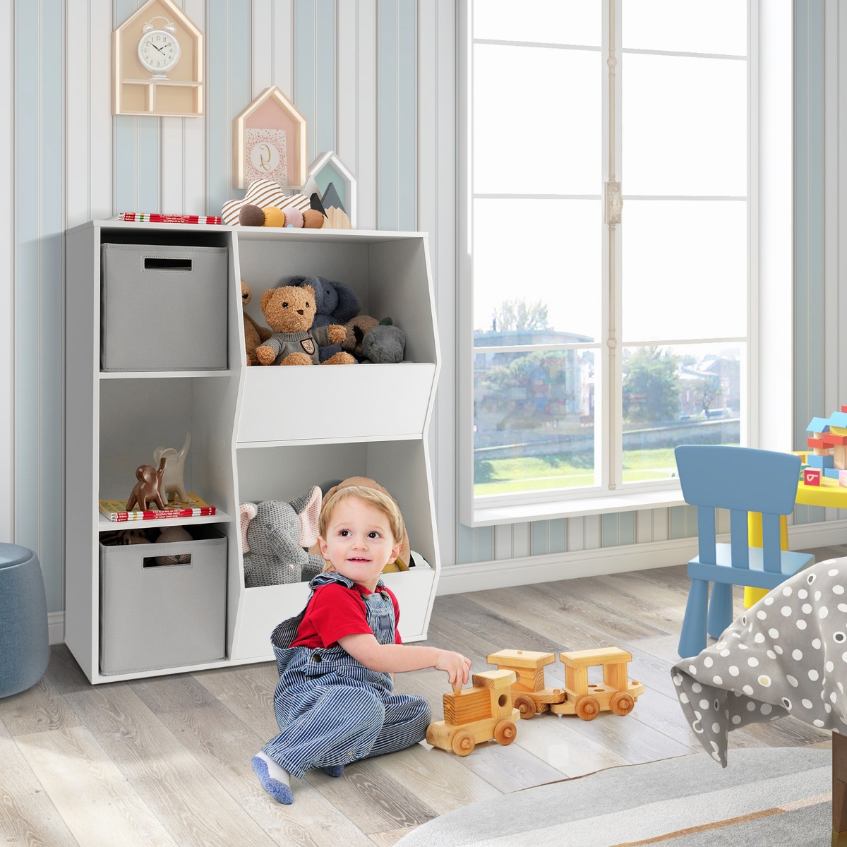 Bücherregal Kinder 3-stöckiges Kinderregal mit 2 Boxen & 5 Fächern 77 x 29 x 94 cm Weiß+Grau