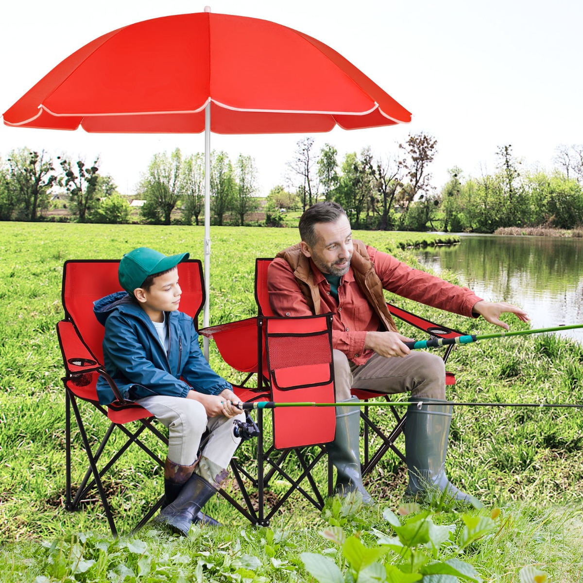 2-Sitzer Campingstuhl mit Sonnenschirm klappbarer Angelstuhl mit Tragetasche Rot